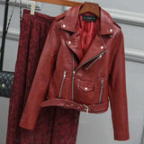 Women PU Leather Jacket Biker Motorcycle Coat Short Spring and Autumn Lapel Slim-Fit Figure Flattering Coat