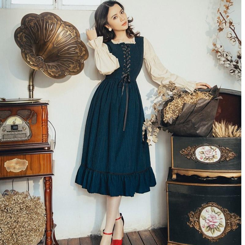 Retro Long Sleeve Tea Dress Autumn Cottagecore Aesthetic Dresses