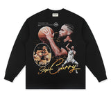 Stephen Curry Shirt Curry Printed Long-Sleeved T-shirt Distressed Cotton round Neck Loose Heavy