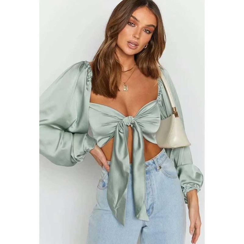 Women Fall Fall Puff Sleeve Sexy Short Bow Tube Top Shirt Top