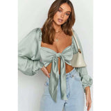 Women Fall Fall Puff Sleeve Sexy Short Bow Tube Top Shirt Top