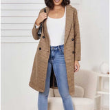Women Fall Fall/Winter Brown Plaid Woolen Coat Double Breasted Long Shirt