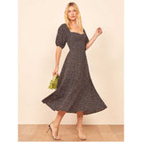Milkmaid Dress Retro Square Collar Midaxi Polka Dot Floral Puff Sleeve Dresses