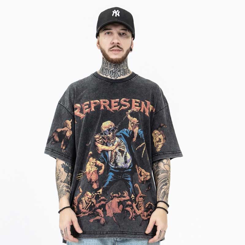 Oversized 90S T Shirt Summer Rolling Skull Print Washed Distressed Retro Short Sleeve T-shirt