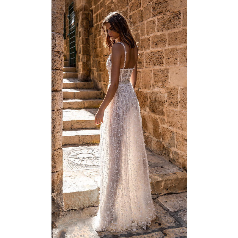 See through Wedding Dress Fall/Winter Sexy Suspenders Slit Formal Dress Formal Dress
