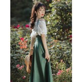 Women Retro Cottagecore Vintage Dress Square Collar Dres Summer Tassel Suspender Skirt Two-Piece Set