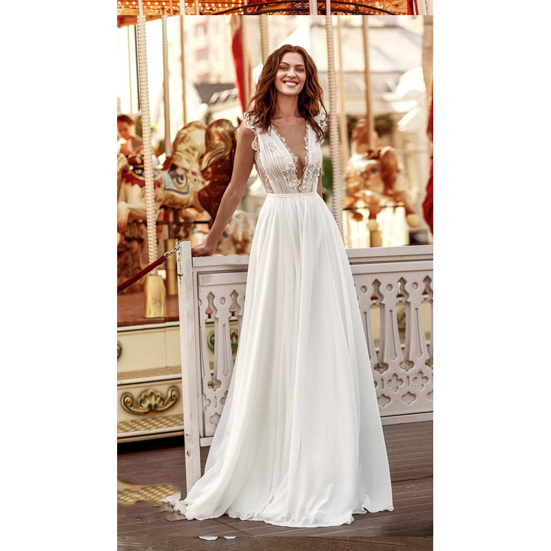 See through Wedding Dress Wedding White Long Type Mid Waist Evening Dress Sleeveless Gown