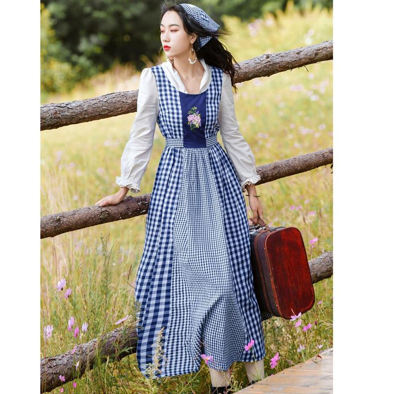 Manor Plaid Shepherd  Long Sleeve Large Swing Cottagecore Aesthetic Dress