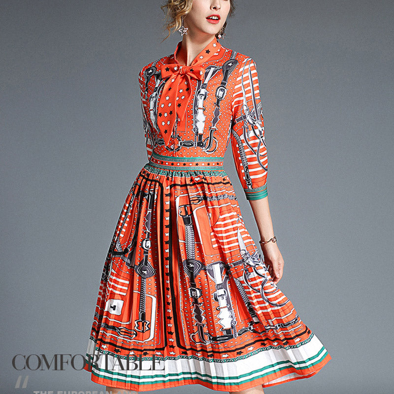 1920S Dress Vintage Printed Waist-Controlled Pleated Dress