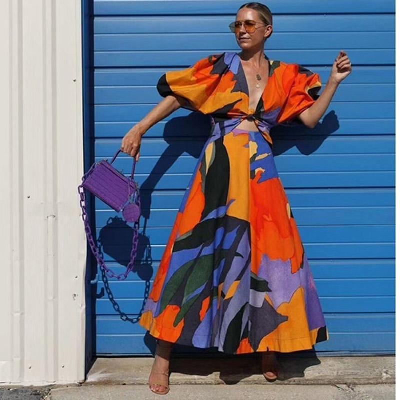 Sexy V-neck Hollow-out Midriff Lantern Sleeve Short Sleeve Contrast Color Large Swing cottagecore aesthetic dress