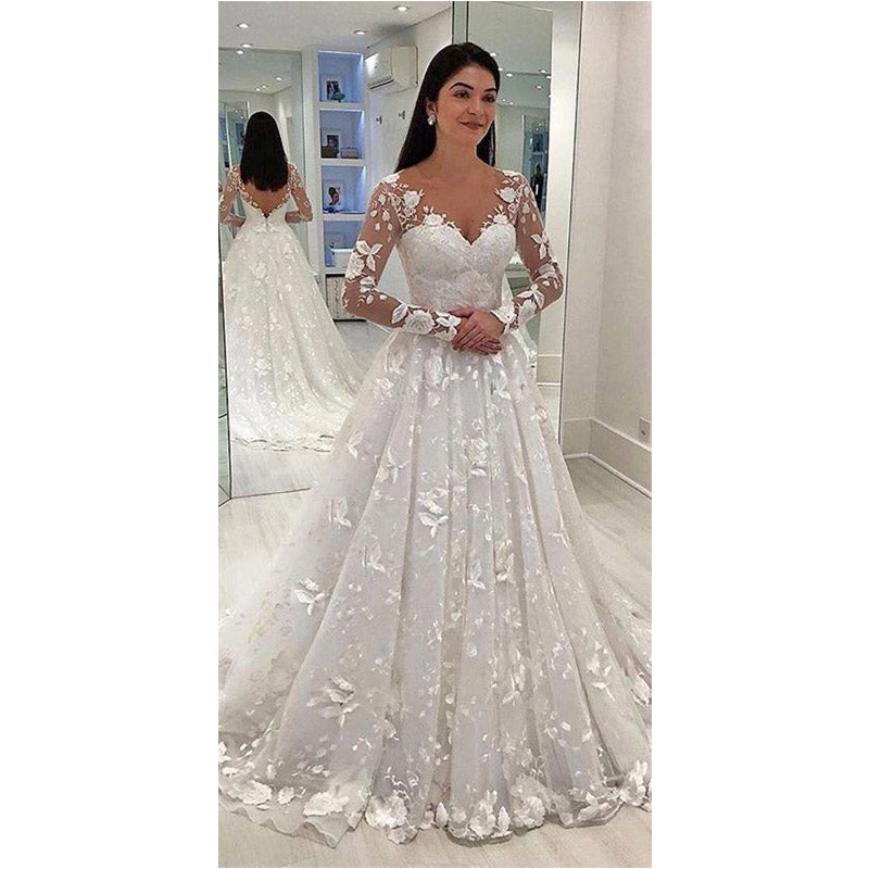 Women Lace Wedding Dress Lace Deep V Long Sleeve Formal Dress