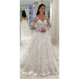 Women Lace Wedding Dress Lace Deep V Long Sleeve Formal Dress
