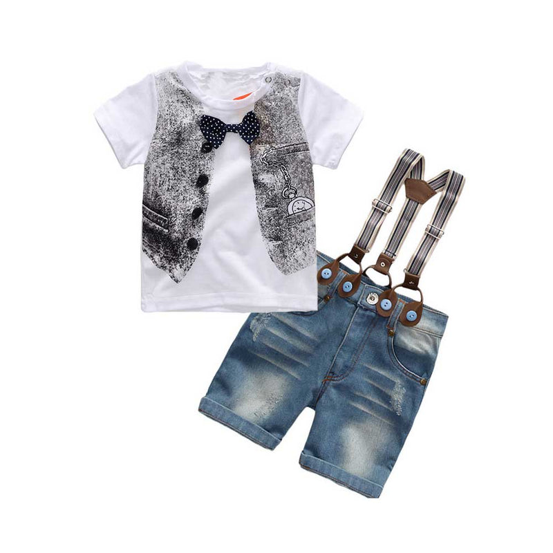 Children Boy Co Ord Summer Short Sleeve T-shirt Shoulder Strap Jeans 2 Piece Set