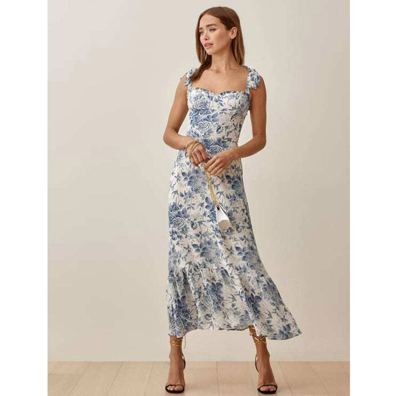 Summer Wedding Guest Dresses Floral Tight Waist Holiday Dress Printed Suspender Skirt for Women