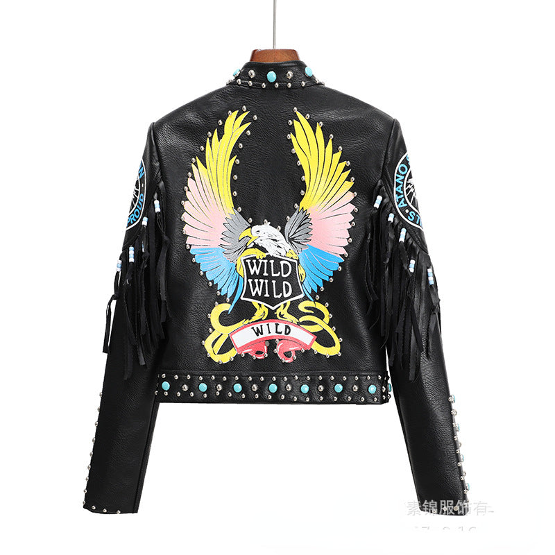 Punk Rock Jacket Contrast Color Rivets Punk Rock Performance Motorcycle Leather Coat for Women
