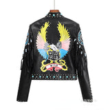 Punk Rock Jacket Contrast Color Rivets Punk Rock Performance Motorcycle Leather Coat for Women