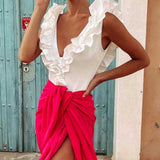 Women Fall Outfits Fall V-neck Laminated Decoration Bodysuit Ruffled Slim Top