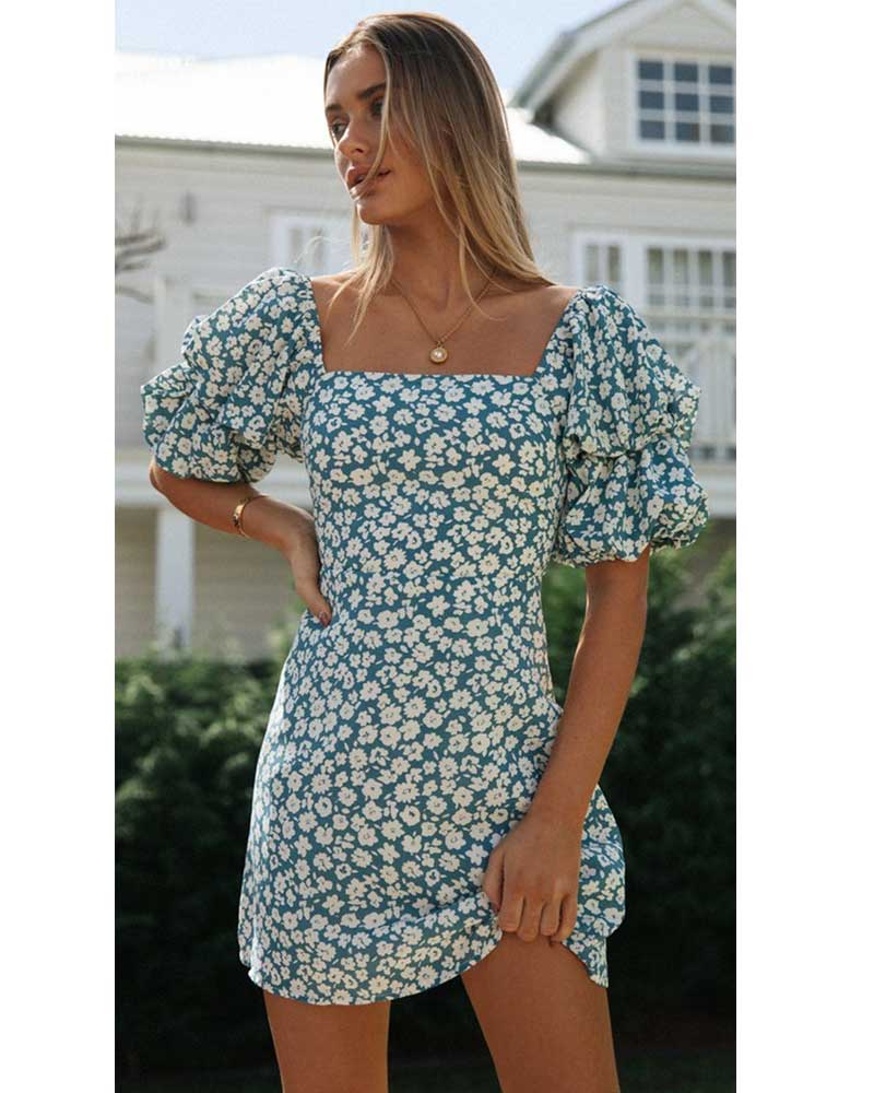 Milkmaid Sexy V Square Collar Puff Sleeve Summer Dresses
