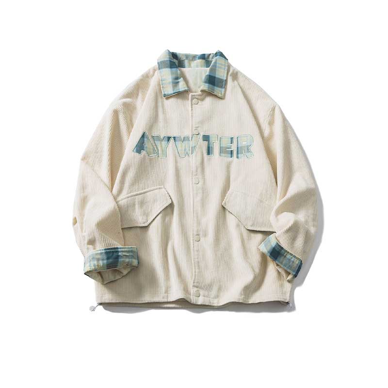 Brown Varsity Jacket Spring and Autumn Vintage Corduroy Polo Collar Jacket Men's Loose Plaid Stitching Embroidered Coat