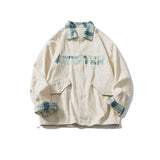 Brown Varsity Jacket Spring and Autumn Vintage Corduroy Polo Collar Jacket Men's Loose Plaid Stitching Embroidered Coat