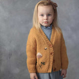 Girl Cardigan Sweaters Yellow round Neck Single-Breasted Sweater Coat Embroidered Solid Color Cardigan