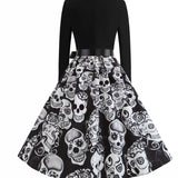 Skull Dress Women's V-neck Long Sleeve Color Contrast Patchwork Printed