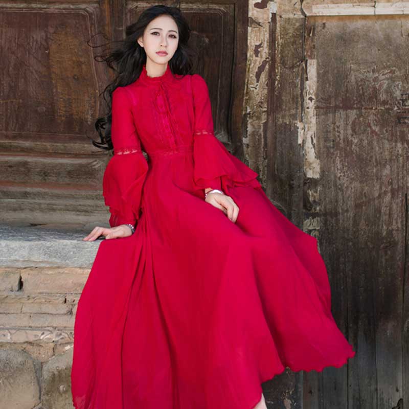 Retro Long Dress Bell Sleeve Stand Collar Chiffon Dress Red  Bohemia Retro Vintage Cottagecore Aesthetic Flowy Victoria Cottage Core Boho Dress