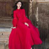 Retro Long Dress Bell Sleeve Stand Collar Chiffon Dress Red  Bohemia Retro Vintage Cottagecore Aesthetic Flowy Victoria Cottage Core Boho Dress