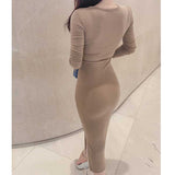 Milkmaid Dress Solid Color Square Collar Long Sleeve High Waist Bodycon Dress Sheath Split Long Dress
