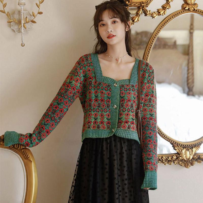 Vintage Floral Square-Cut Collar Puff Sleeve Cottagecore Sweater