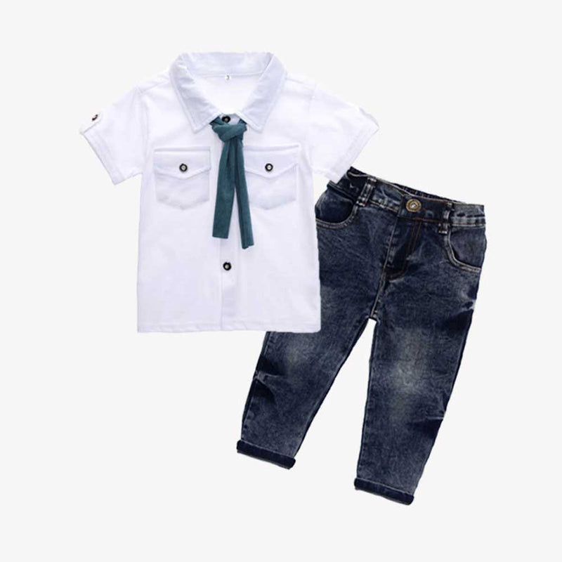 Children Boy Co Ord Scarf Short Sleeve Jeans 3 Piece Set