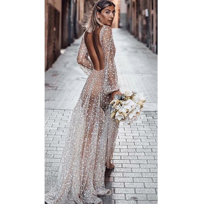 Round Neck Long Sleeves Sequined Long Dress Rhinestone Cottagecore Aesthetic Dress
