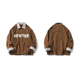 Brown Varsity Jacket Spring and Autumn Vintage Corduroy Polo Collar Jacket Men's Loose Plaid Stitching Embroidered Coat