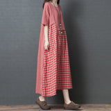 Gingham Dress Summer Artistic Loose Plaid Cotton and Linen Mid-Length round Neck Short Sleeve Dress