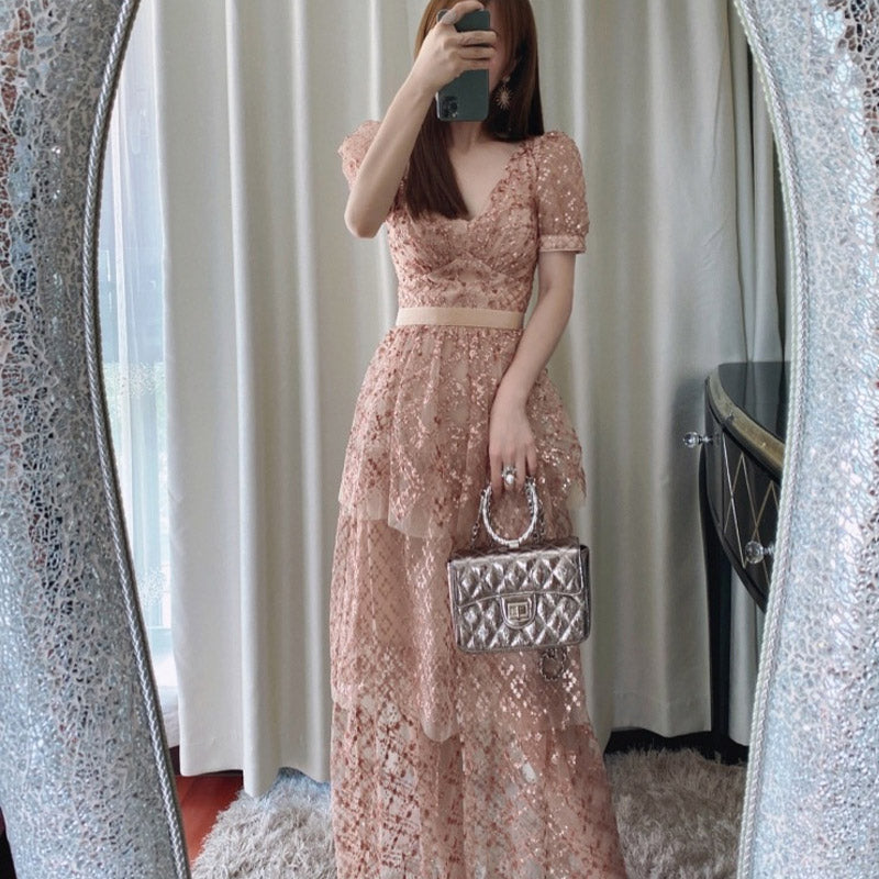 Daisy Buchanan Dress Women's Mesh Sequin Embroider Dress