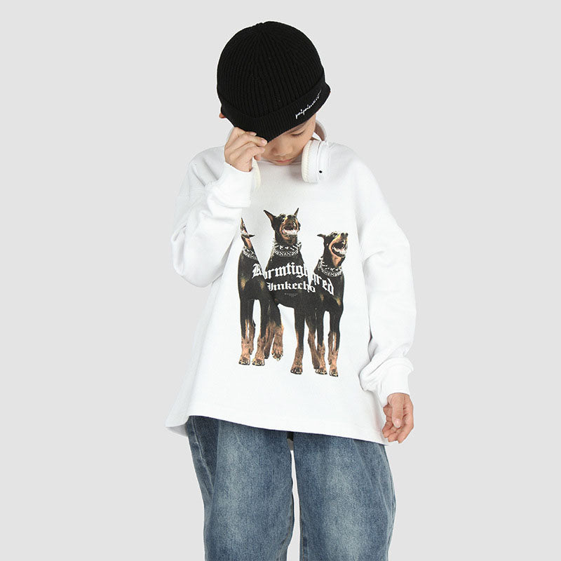 Kids Present Thoroughbred Doberman Dog Print Hoodie Loose Crew Neck Top Boys and Girls