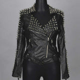 Leather Biker Coat Golden Leather Jacket Women Pu Jackets Rock Lapel Punk Rivet Jacket