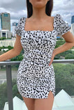 Milkmaid Dress Spring Square Collar Short Sleeve High Waist Crimp Split Print Dress