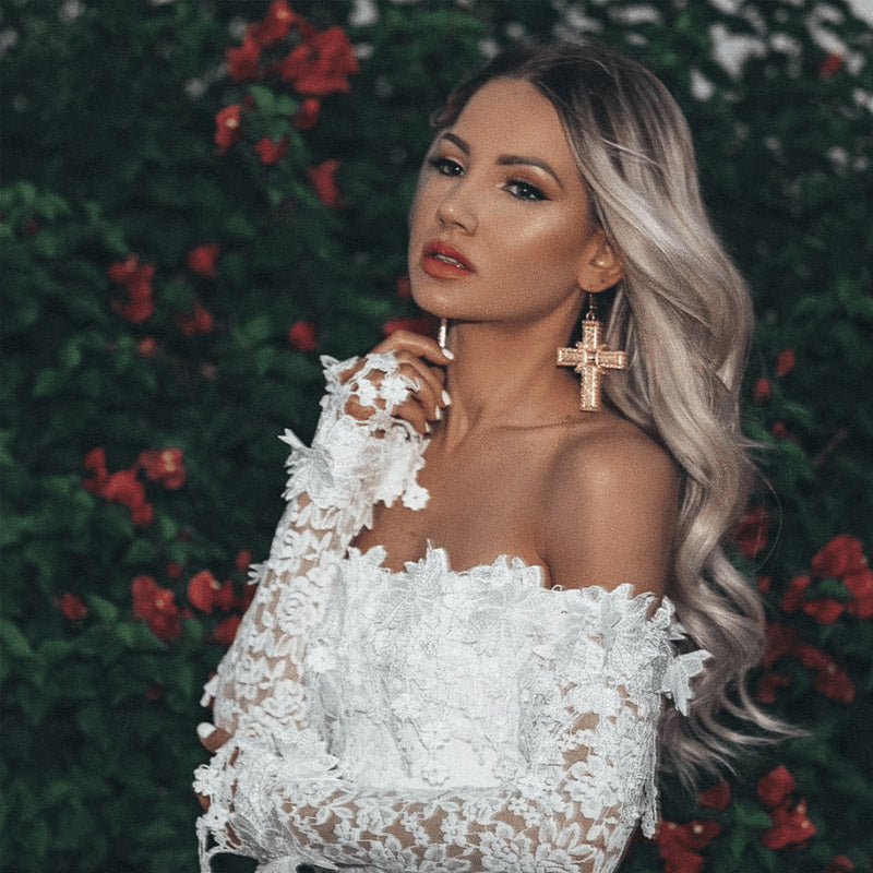 Women Lace Wedding Dress Lace Long Sleeve Midi Dress