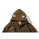 Shark Print Jacket Autumn And Winter Multi-Pocket Workwear Jacket Hooded Coat