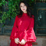 Retro Long Dress Bell Sleeve Stand Collar Chiffon Dress Red  Bohemia Retro Vintage Cottagecore Aesthetic Flowy Victoria Cottage Core Boho Dress