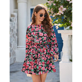 Nina Parker Graffiti Dress Fashionable Flower Print Long Sleeve Dress