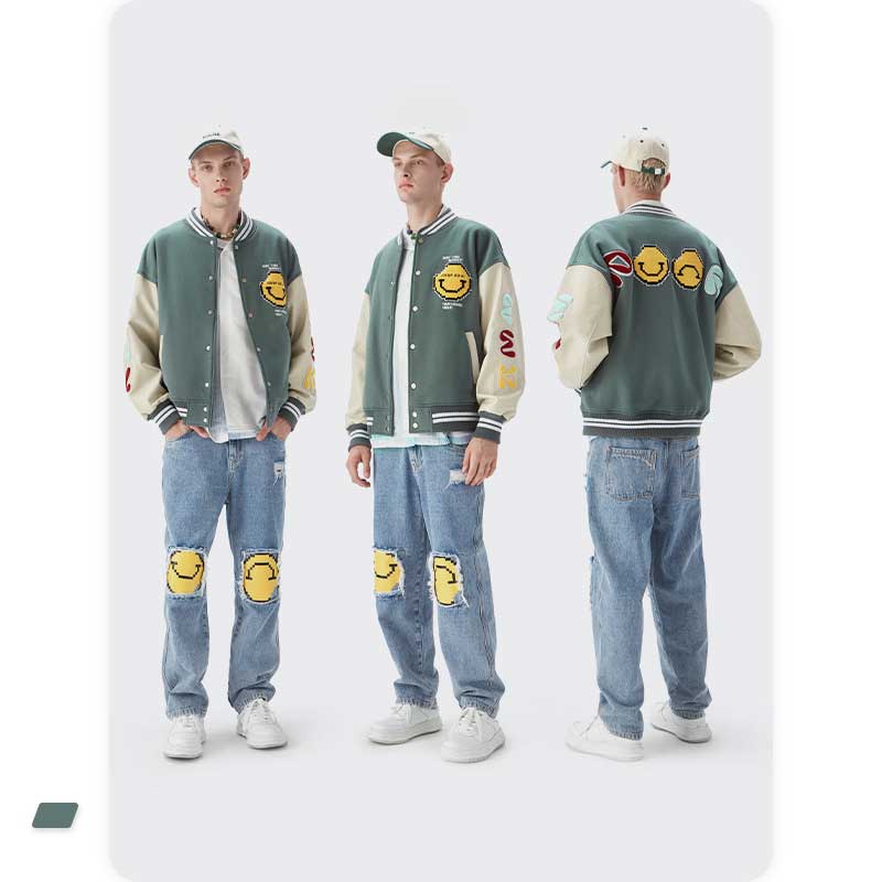 Varsity Jacket Vintage Autumn and Winter Baseball Uniform Vintage Printed Smiley Face Towel Embroidery Coat for Men