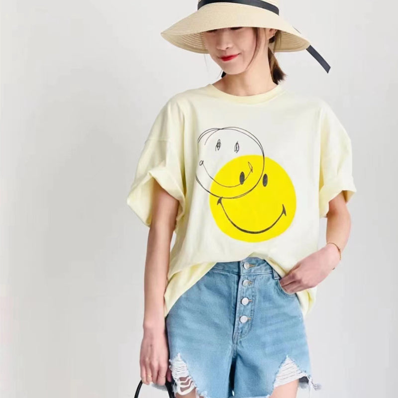 Smiley Face T Shirt Summer Loose Smiley Face Short Sleeve Casual Women's T-shirt