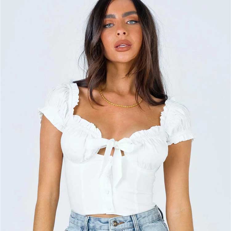 90S Fashion French Style Vintage Court Style Bow Tie Puff Sleeve Top Summer Chiffon Shirt