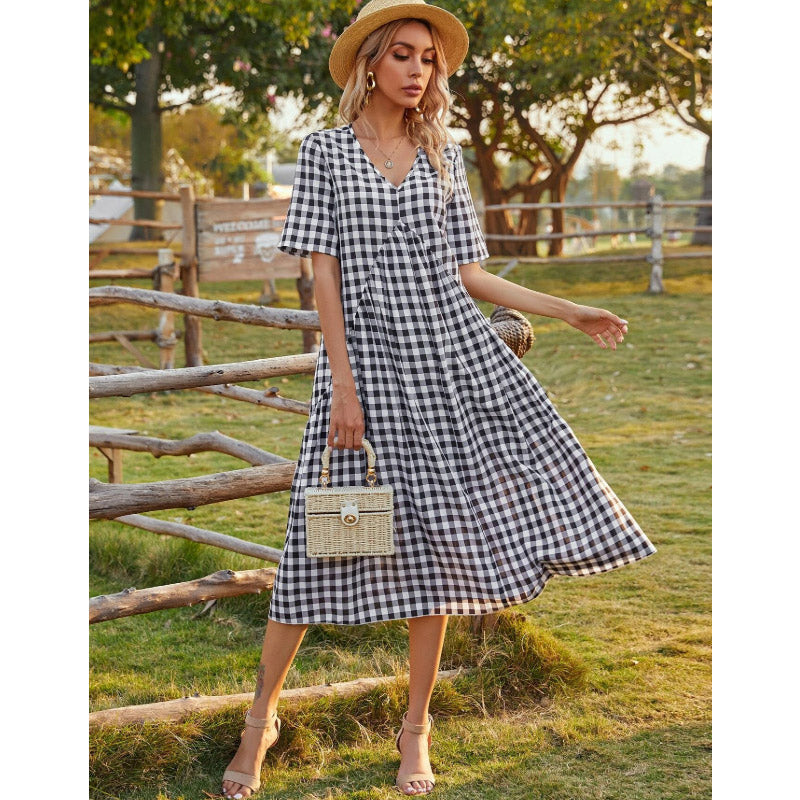 Gingham Dress Spring/Summer Sexy V-neck Short Sleeve Plaid Stitching Long Dress Women