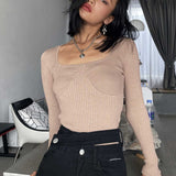Women Fall Fall Fall Six-Color Square Collar Patchwork Knitting Top Slim Fit Short Sweater