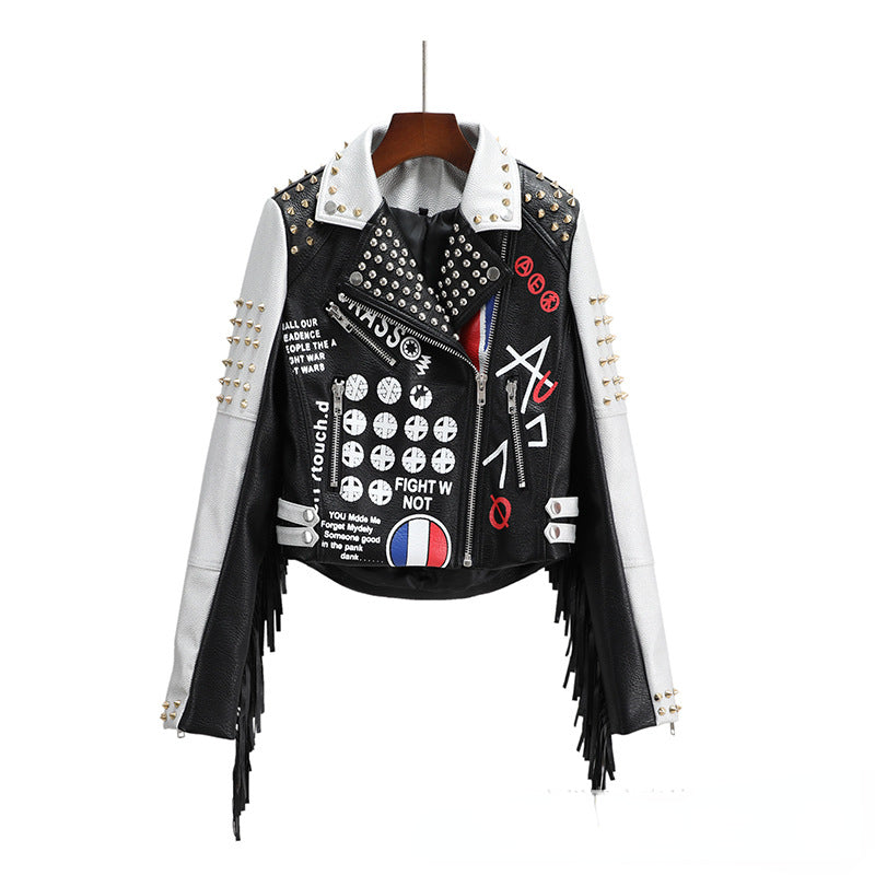 Punk Rock Jacket Cropped Leather Coat Female Tassel Rivets Women's Leather Top