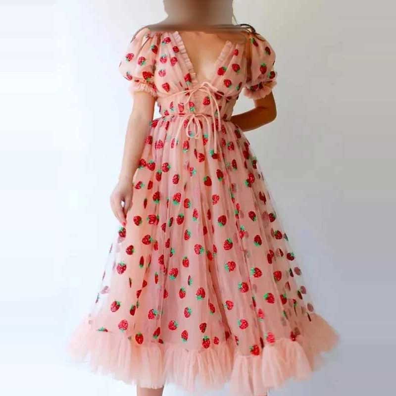 Pink  Strawberry Dress Cottagecore Midi Dress Prom Dress Aesthetic Fairycore Dress