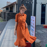 Burnt Orange Dress Coral Orange Lapel Single Breasted Waist-Controlled Lace-up Shirt Fishtail Dress